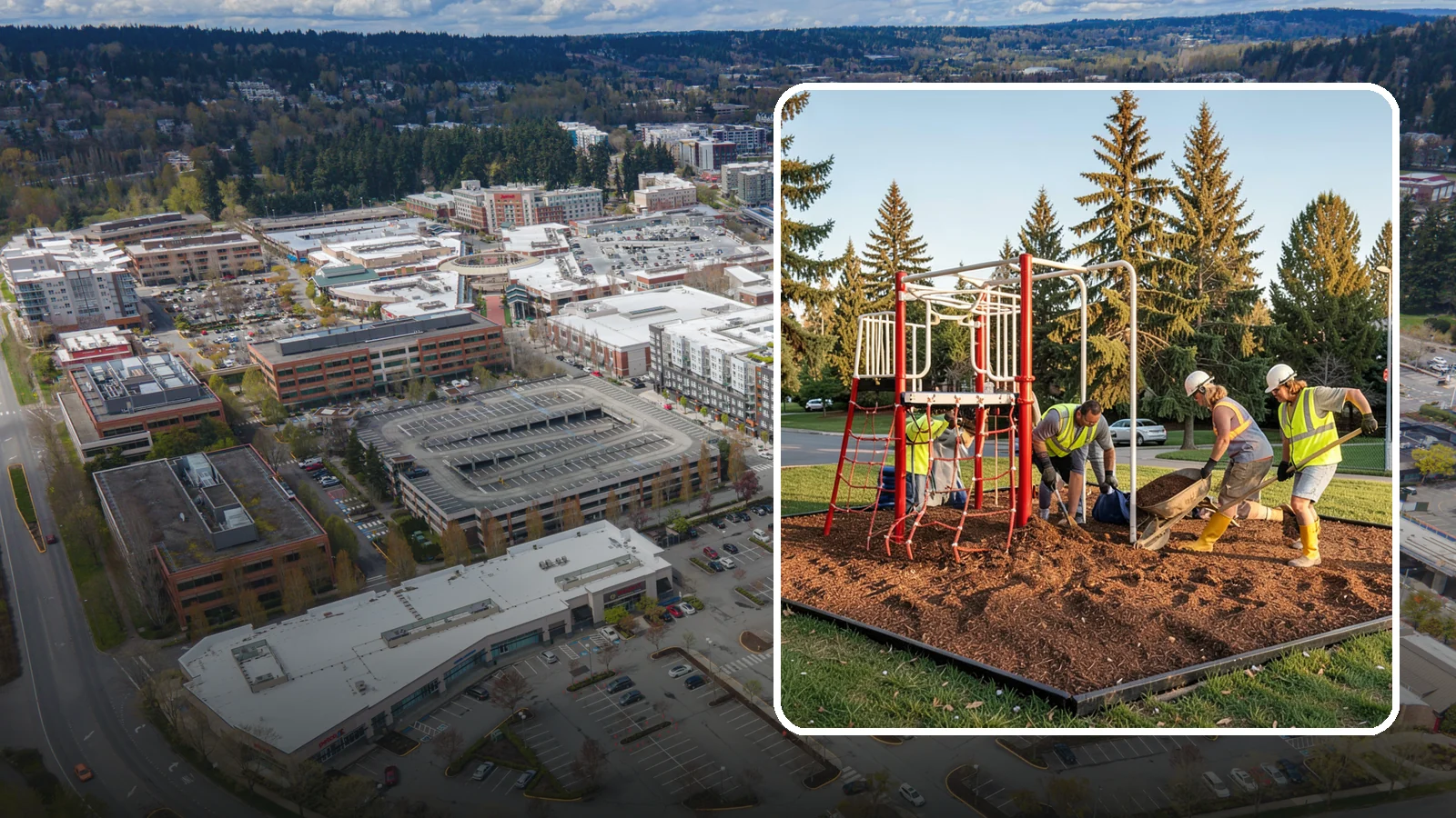 Playground Mulch Installation in Redmond, King County, WA - Engineered wood fiber and mulch installation that maintains safe fall-attenuating surfaces under public play equipment.