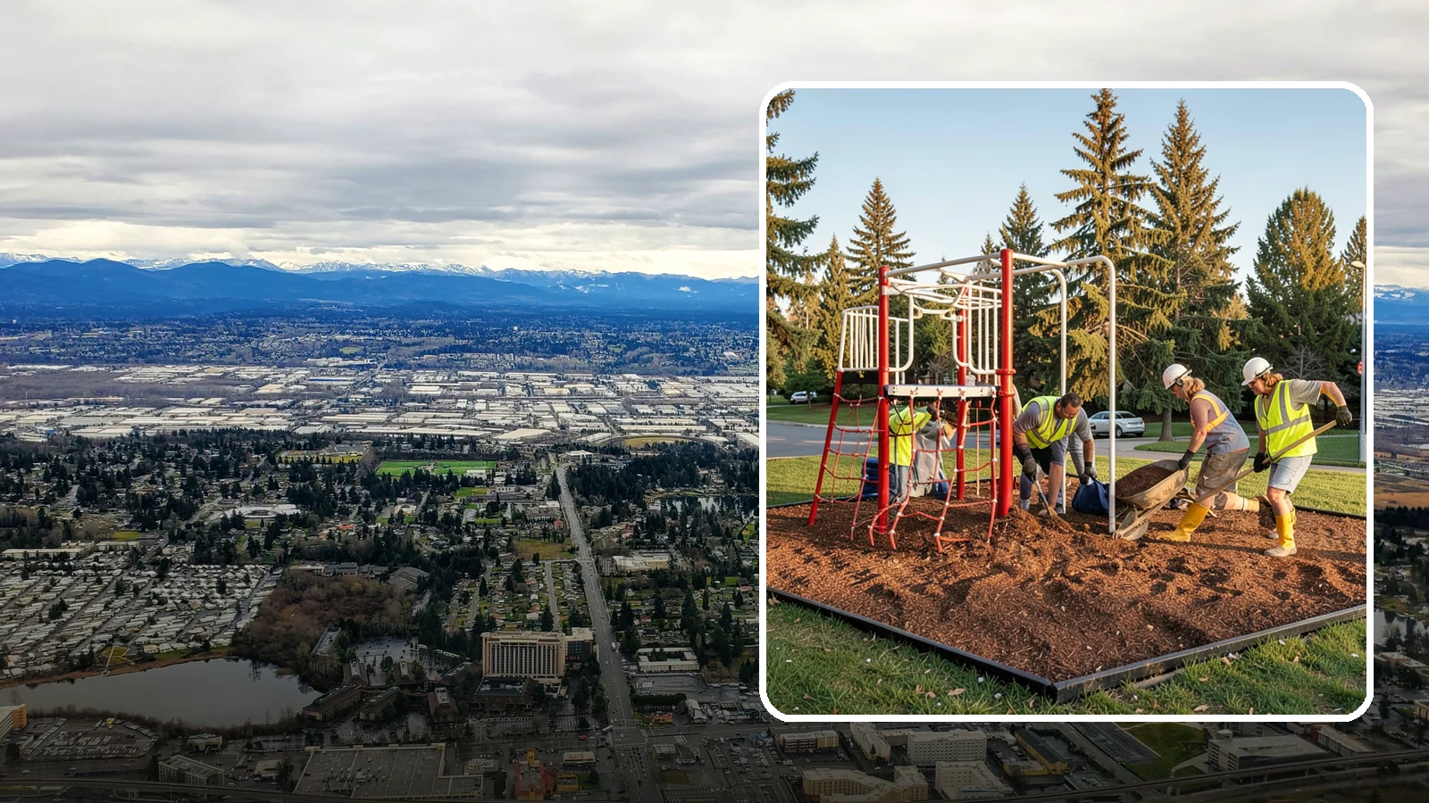 Playground Mulch Installation in SeaTac, King County, WA - Engineered wood fiber and mulch installation that maintains safe fall-attenuating surfaces under public play equipment.