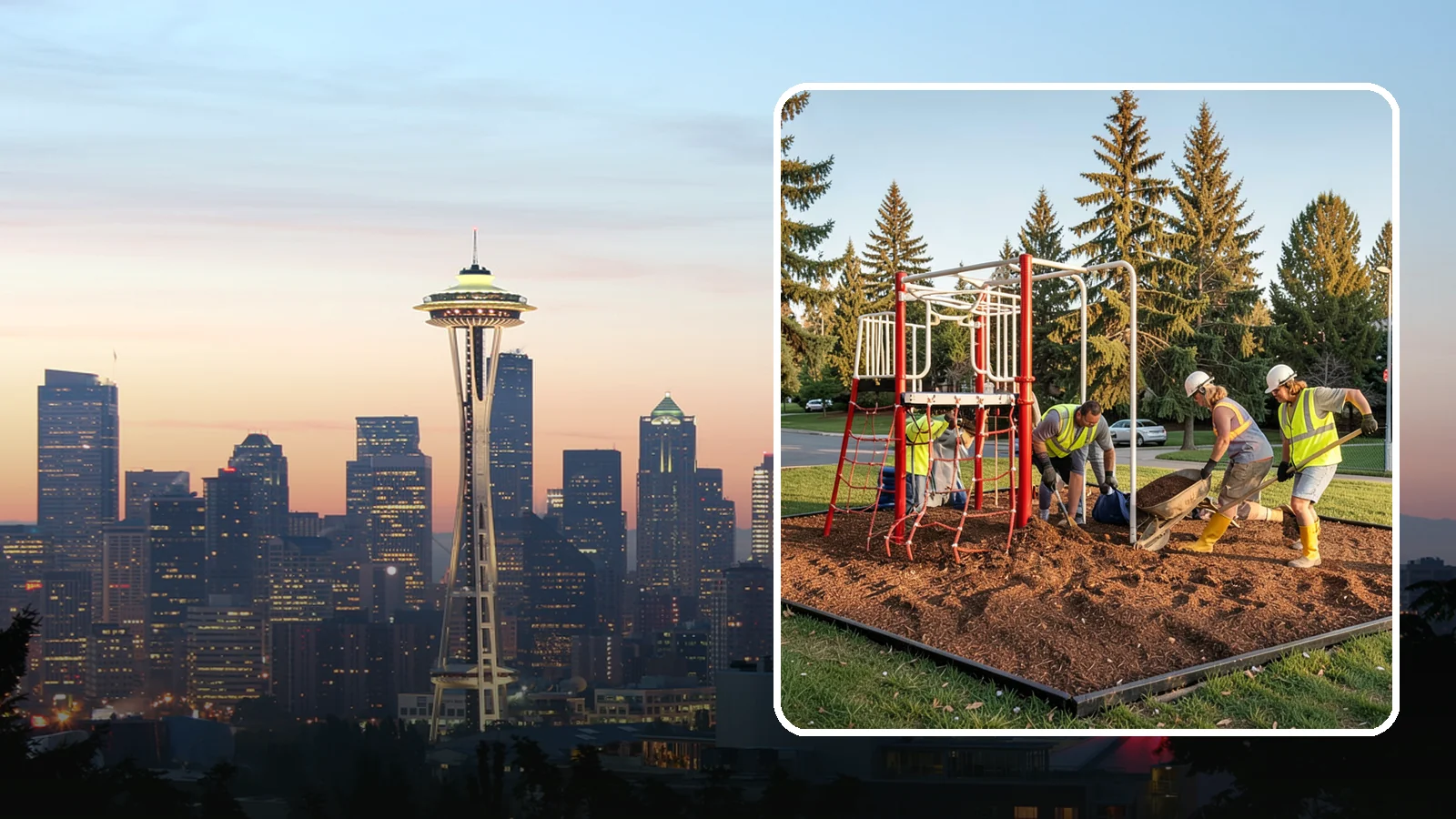 Playground Mulch Installation in Seattle, King County, WA - Engineered wood fiber and mulch installation that maintains safe fall-attenuating surfaces under public play equipment.