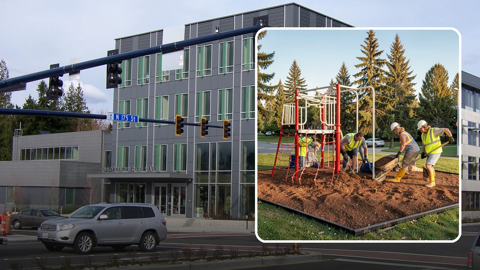 Playground Mulch Installation in Shoreline, King County, WA - Engineered wood fiber and mulch installation that maintains safe fall-attenuating surfaces under public play equipment.