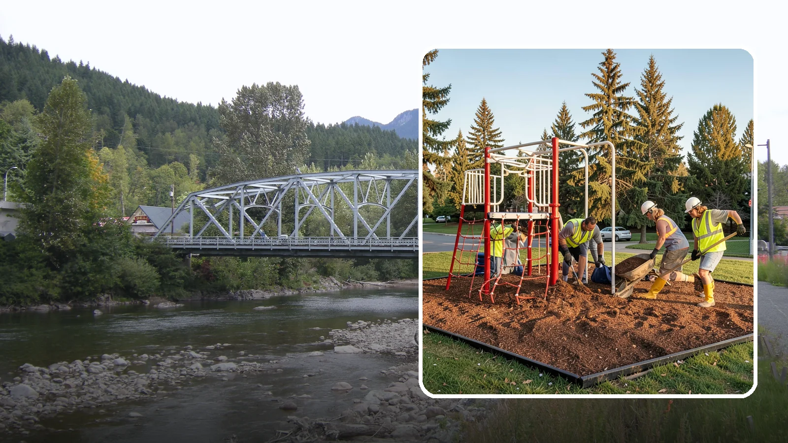 Playground Mulch Installation in Skykomish, King County, WA - Engineered wood fiber and mulch installation that maintains safe fall-attenuating surfaces under public play equipment.