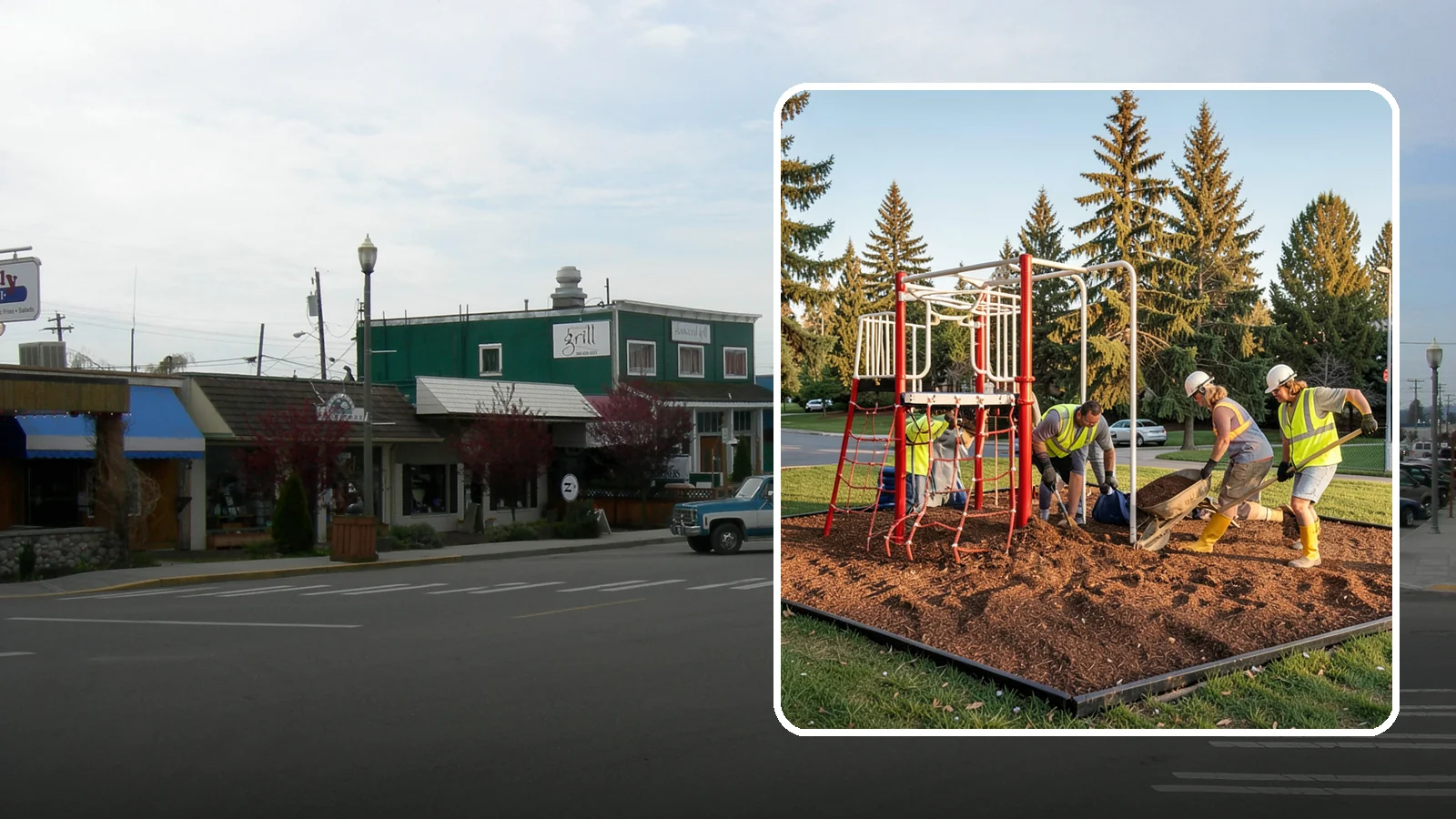 Playground Mulch Installation in Stanwood, Snohomish County, WA - Engineered wood fiber and mulch installation that maintains safe fall-attenuating surfaces under public play equipment.