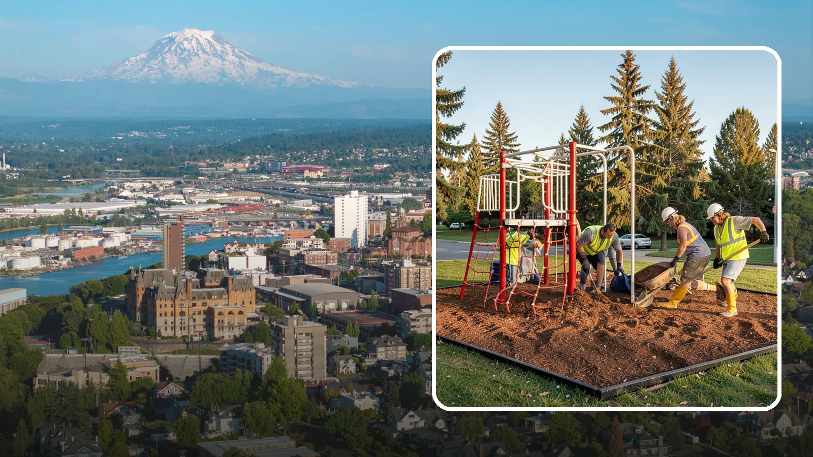 Playground Mulch Installation in Tacoma, Pierce County, WA - Engineered wood fiber and mulch installation that maintains safe fall-attenuating surfaces under public play equipment.