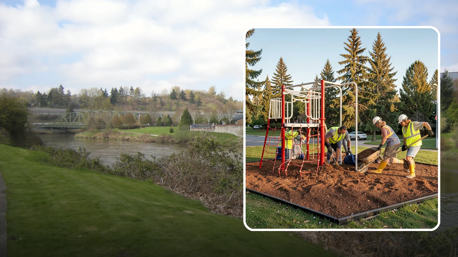 Playground Mulch Installation in Tukwila, King County, WA - Engineered wood fiber and mulch installation that maintains safe fall-attenuating surfaces under public play equipment.