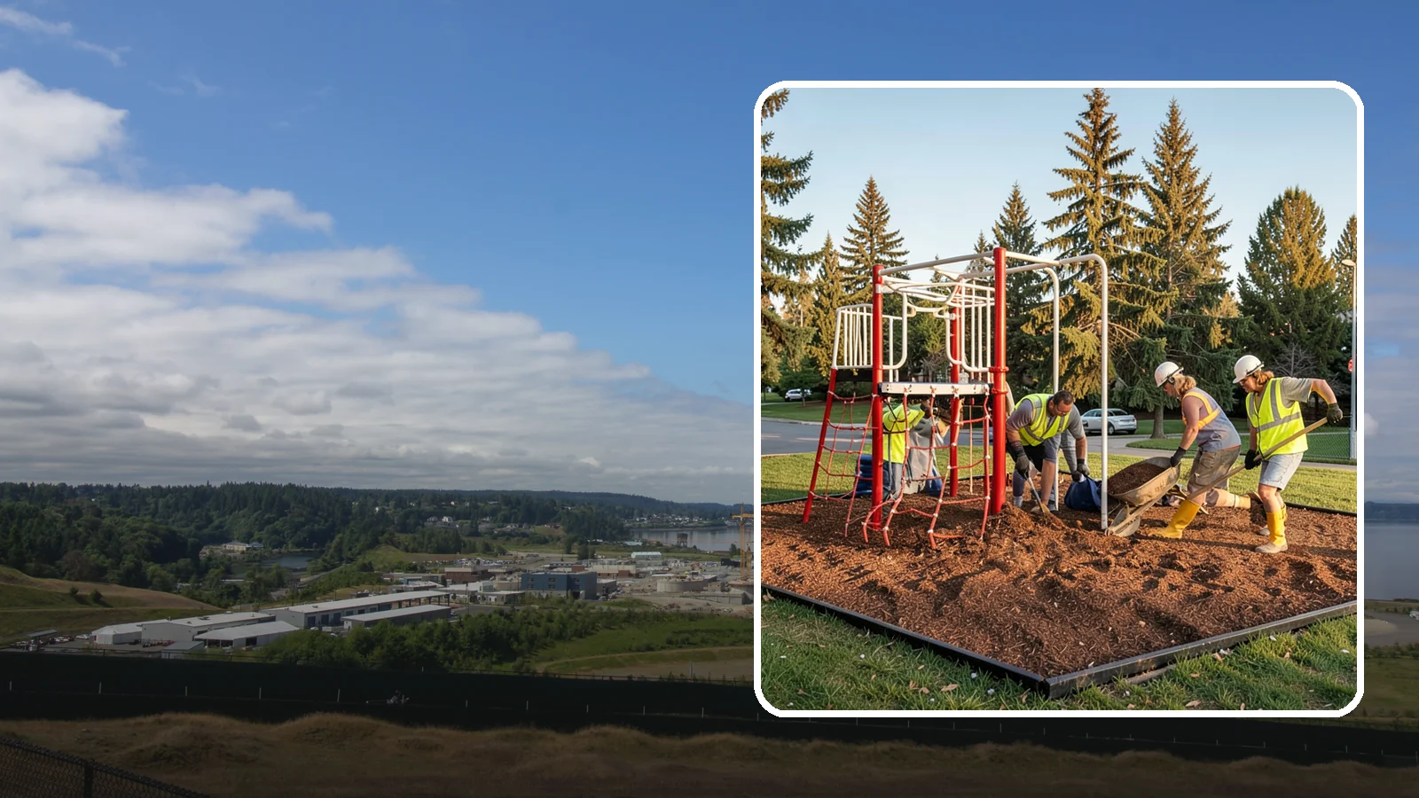 Playground Mulch Installation in University Place, Pierce County, WA - Engineered wood fiber and mulch installation that maintains safe fall-attenuating surfaces under public play equipment.