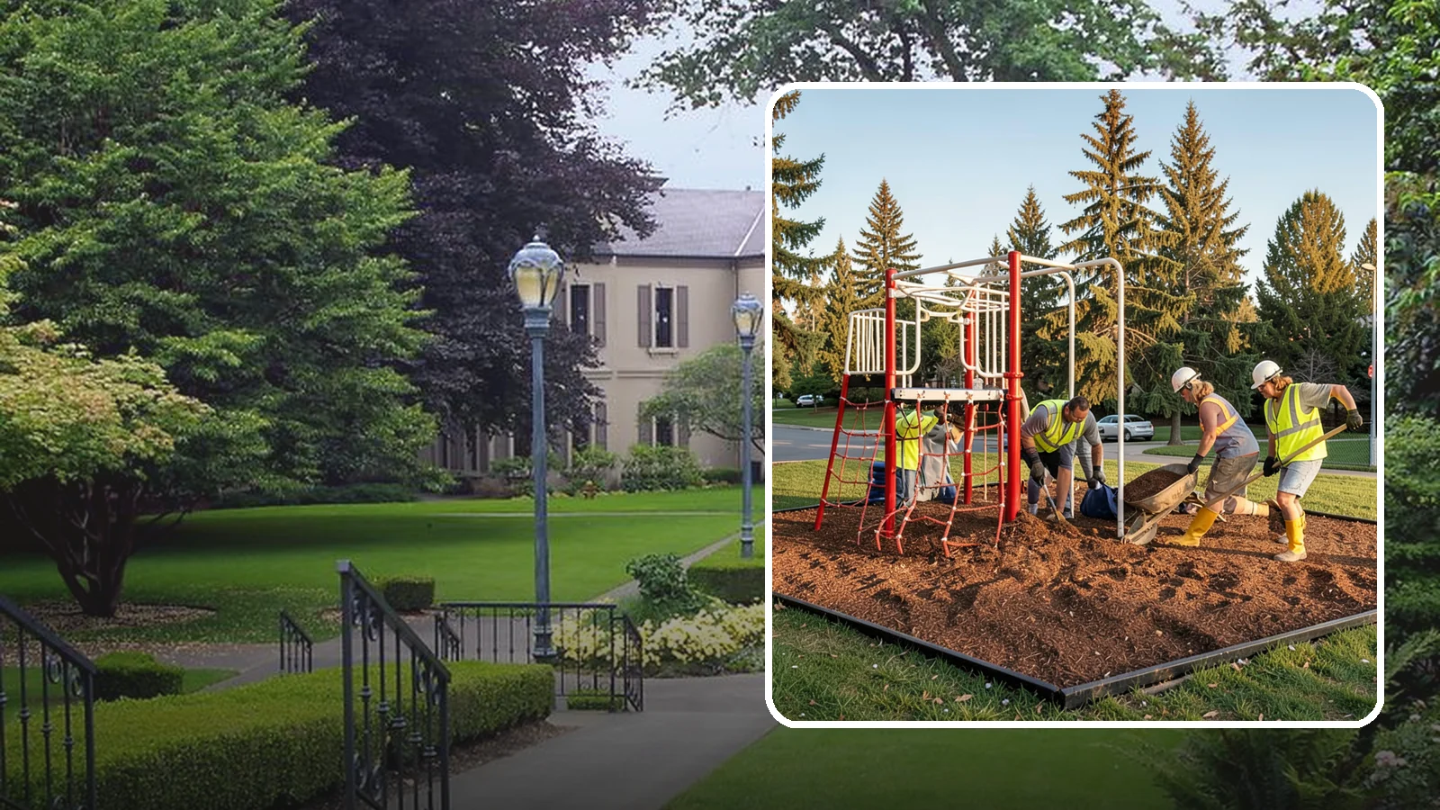 Playground Mulch Installation in Woodinville, King County, WA - Engineered wood fiber and mulch installation that maintains safe fall-attenuating surfaces under public play equipment.