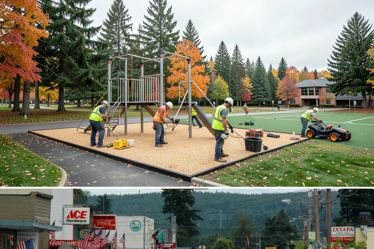 Playground Surface Repair in Carnation, King County, WA - Poured-in-place work is best scheduled in the dry summer months, while wood fiber replenishment can occur nearly year-round.