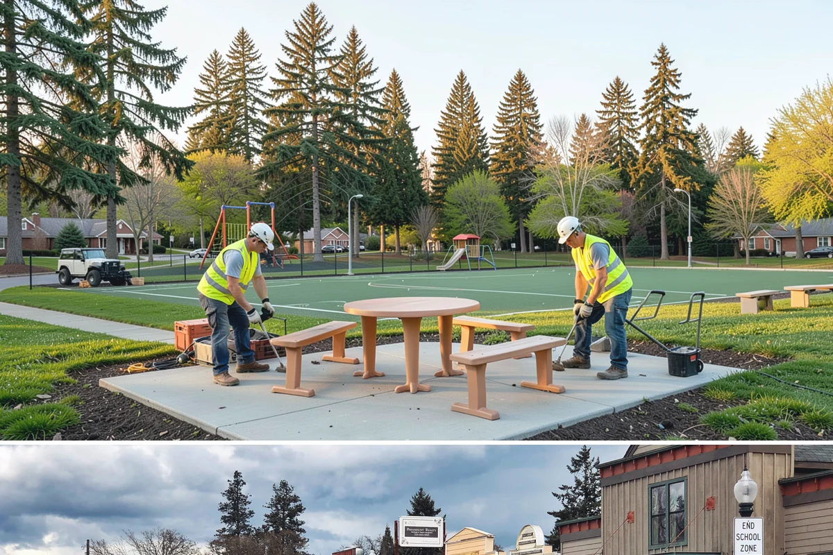 Playground Surface Repair in Roy, Pierce County, WA - Poured-in-place work is best scheduled in the dry summer months, while wood fiber replenishment can occur nearly year-round.