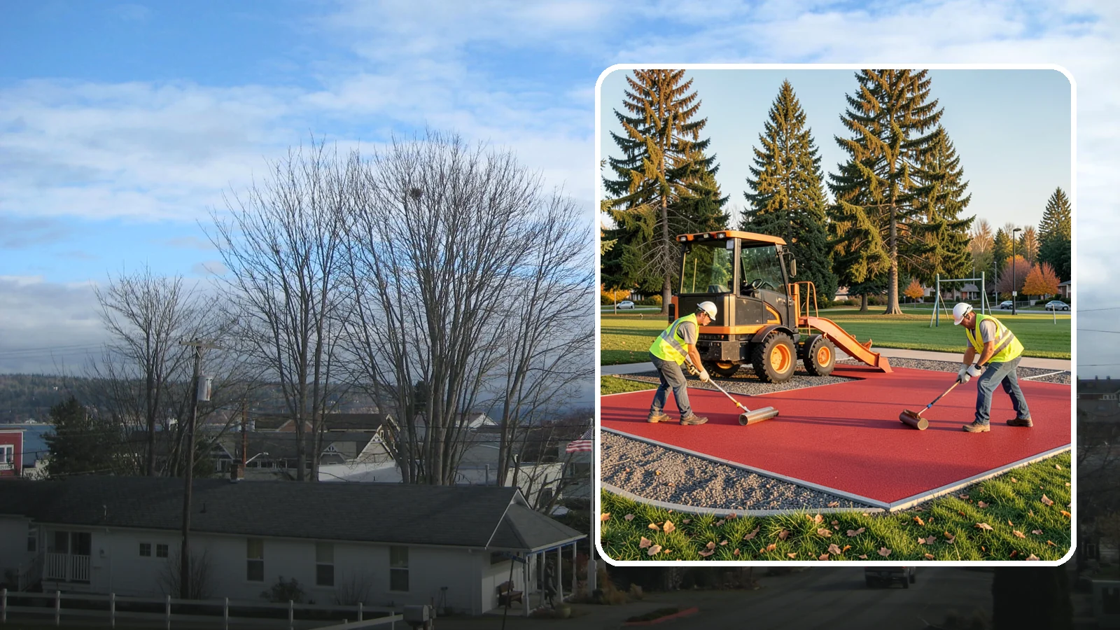Poured-in-Place Surfacing in Langley, Island County, WA - Installation of poured-in-place rubber safety surfacing engineered to ADA access and impact-attenuation standards.