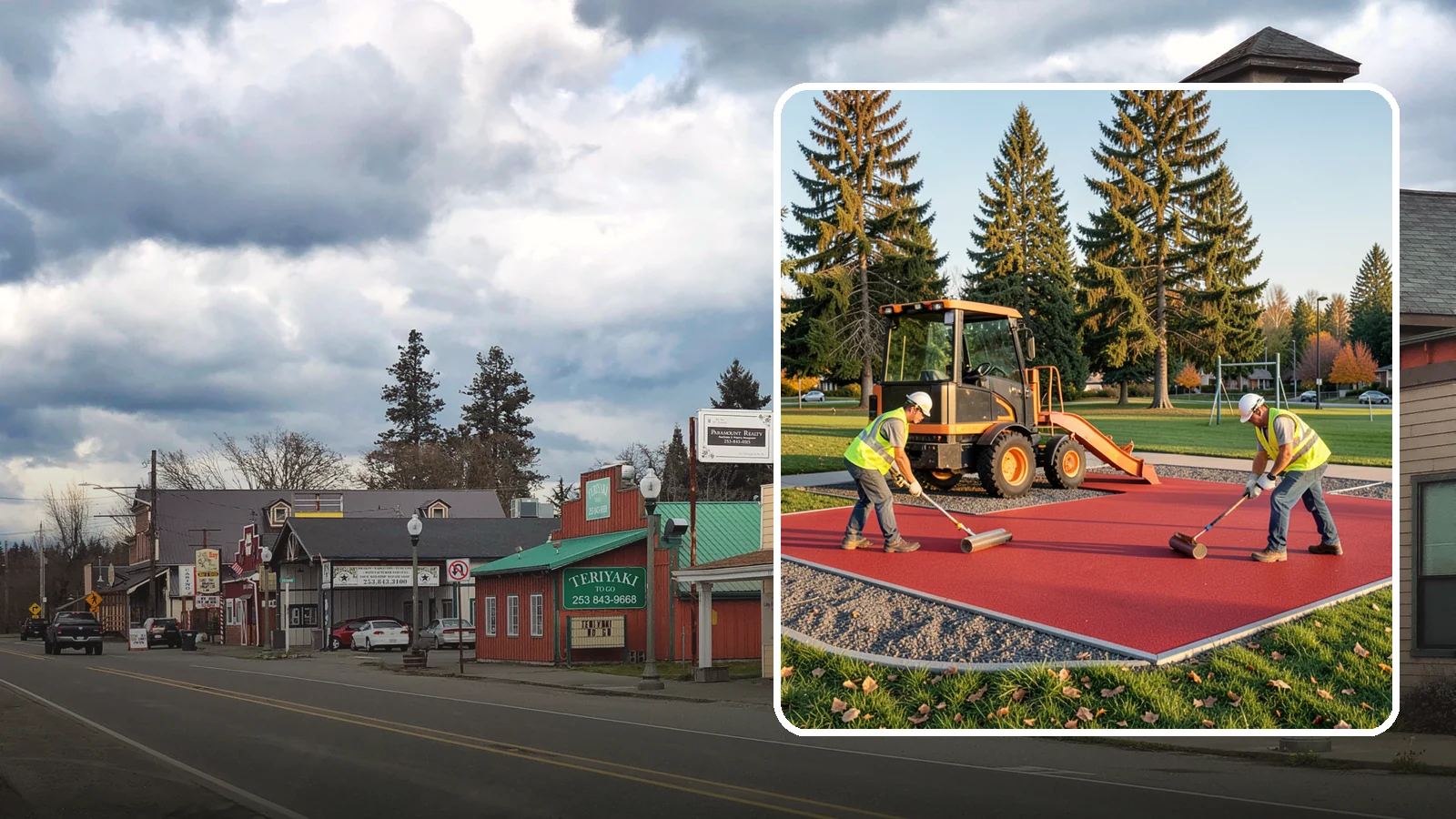 Poured-in-Place Surfacing in Roy, Pierce County, WA - Installation of poured-in-place rubber safety surfacing engineered to ADA access and impact-attenuation standards.