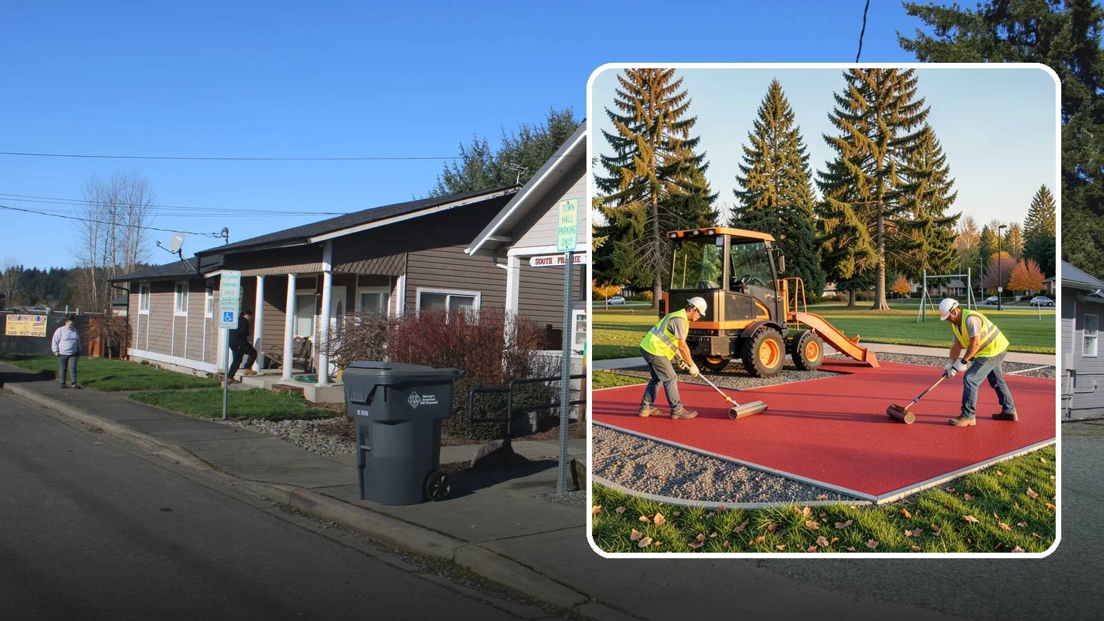 Poured-in-Place Surfacing in South Prairie, Pierce County, WA - Installation of poured-in-place rubber safety surfacing engineered to ADA access and impact-attenuation standards.
