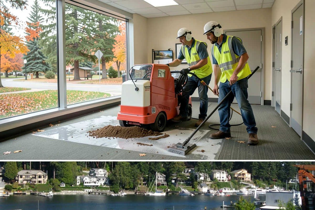 Public Building Janitorial in Gig Harbor, Pierce County, WA - Demand rises through the wet fall and winter months when tracked-in mud and moisture increase floor and entryway workloads.