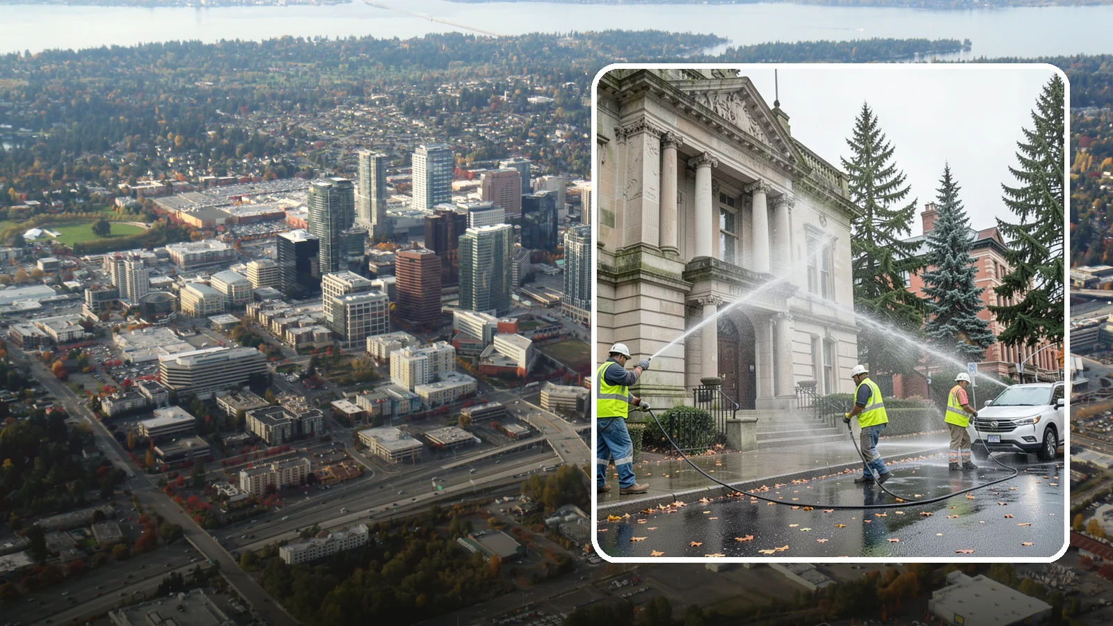 Public Building Washing in Bellevue, King County, WA - Soft-wash and pressure-clean the exteriors of city halls, libraries, and civic buildings to remove PNW mildew and staining.
