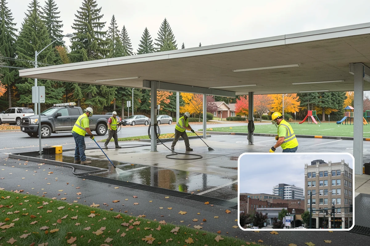 Public Building Washing in Everett, Snohomish County, WA - Reverses mildew and algae staining typical of the wet PNW climate