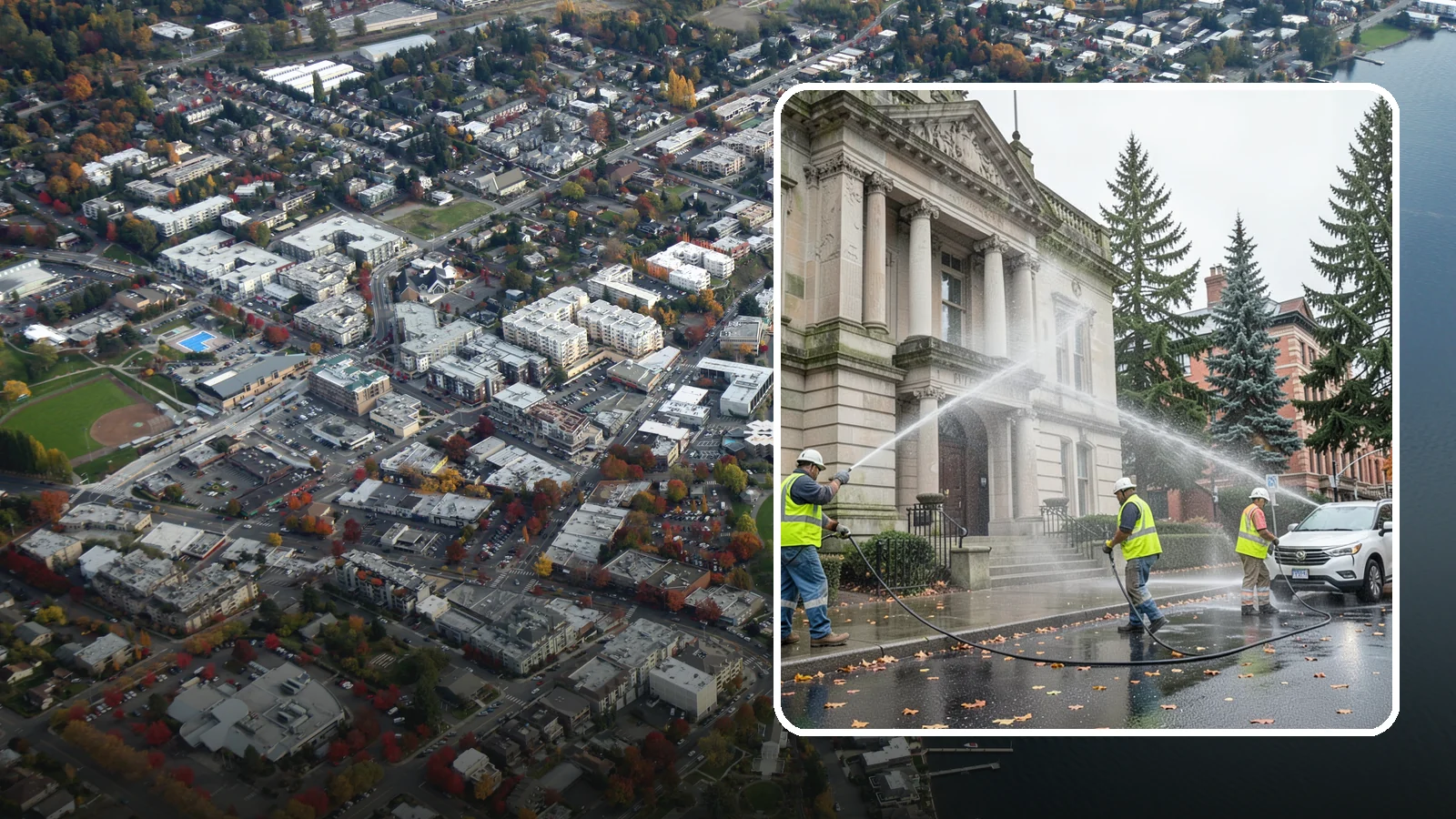 Public Building Washing in Kirkland, King County, WA - Soft-wash and pressure-clean the exteriors of city halls, libraries, and civic buildings to remove PNW mildew and staining.