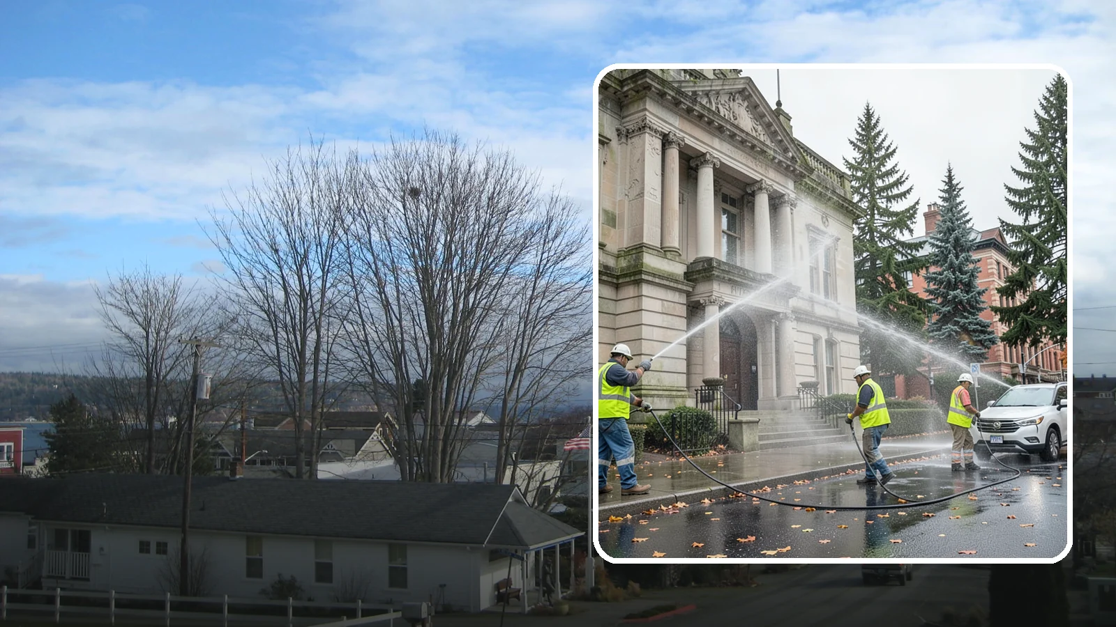 Public Building Washing in Langley, Island County, WA - Soft-wash and pressure-clean the exteriors of city halls, libraries, and civic buildings to remove PNW mildew and staining.