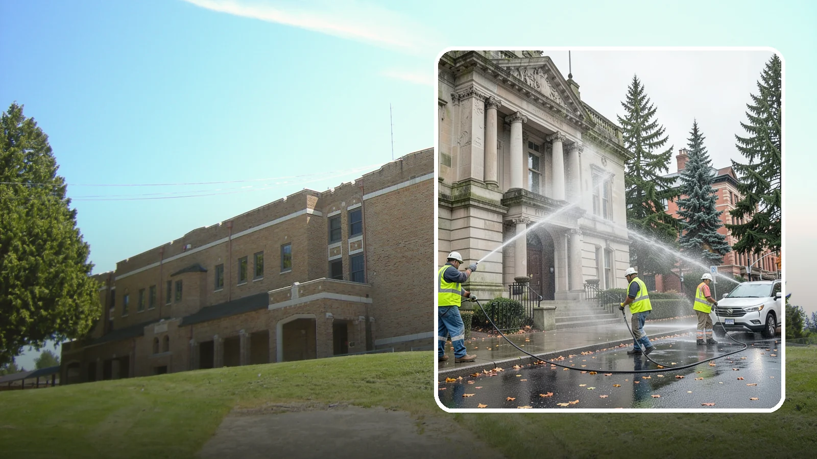 Public Building Washing in Maple Valley, King County, WA - Soft-wash and pressure-clean the exteriors of city halls, libraries, and civic buildings to remove PNW mildew and staining.