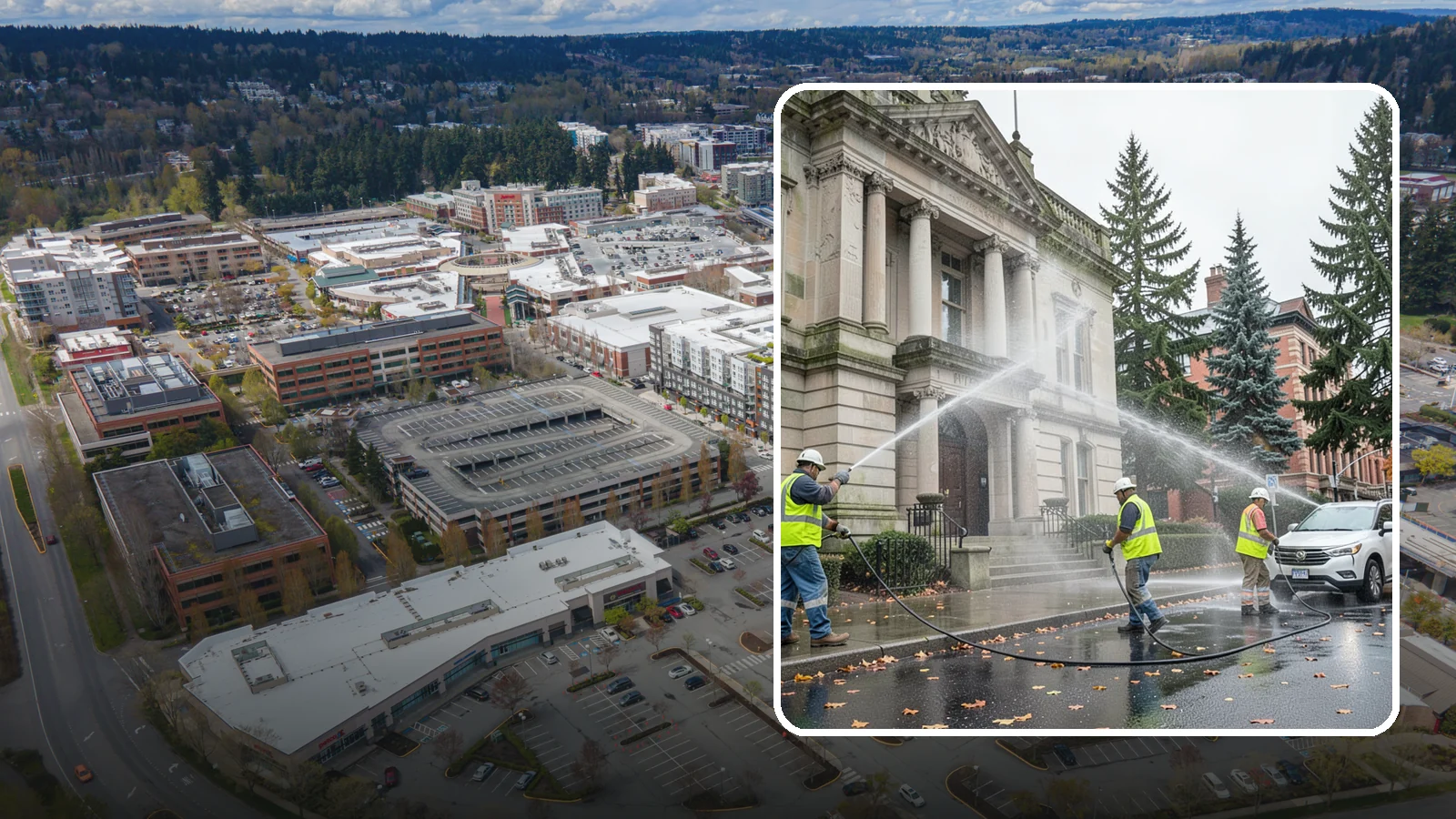 Public Building Washing in Redmond, King County, WA - Soft-wash and pressure-clean the exteriors of city halls, libraries, and civic buildings to remove PNW mildew and staining.