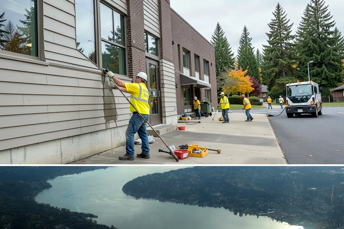 Public Building Washing in Sammamish, King County, WA - Plan exterior washing for late spring through summer when drier weather improves results and slows regrowth of mildew and algae.