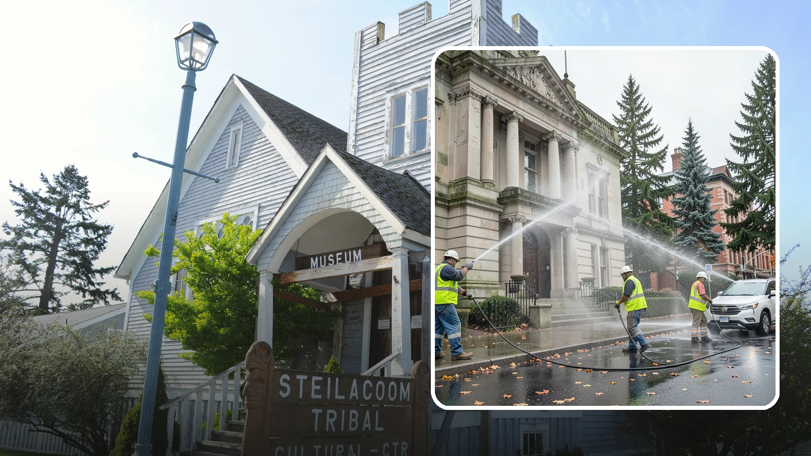 Public Building Washing in Steilacoom, Pierce County, WA - Soft-wash and pressure-clean the exteriors of city halls, libraries, and civic buildings to remove PNW mildew and staining.