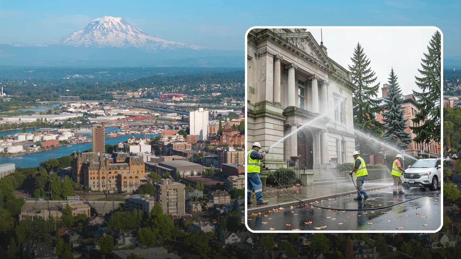 Public Building Washing in Tacoma, Pierce County, WA - Soft-wash and pressure-clean the exteriors of city halls, libraries, and civic buildings to remove PNW mildew and staining.