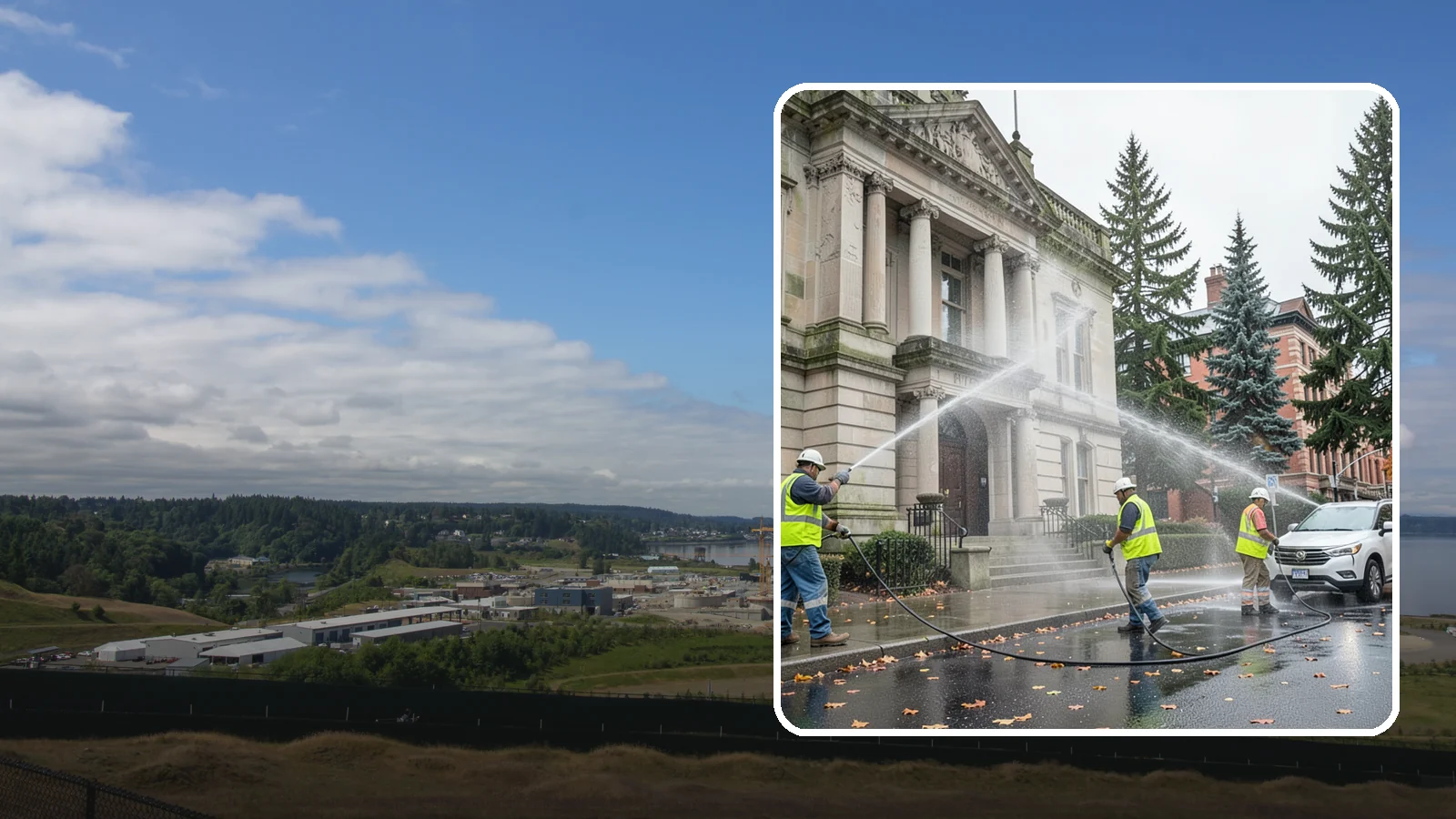 Public Building Washing in University Place, Pierce County, WA - Soft-wash and pressure-clean the exteriors of city halls, libraries, and civic buildings to remove PNW mildew and staining.