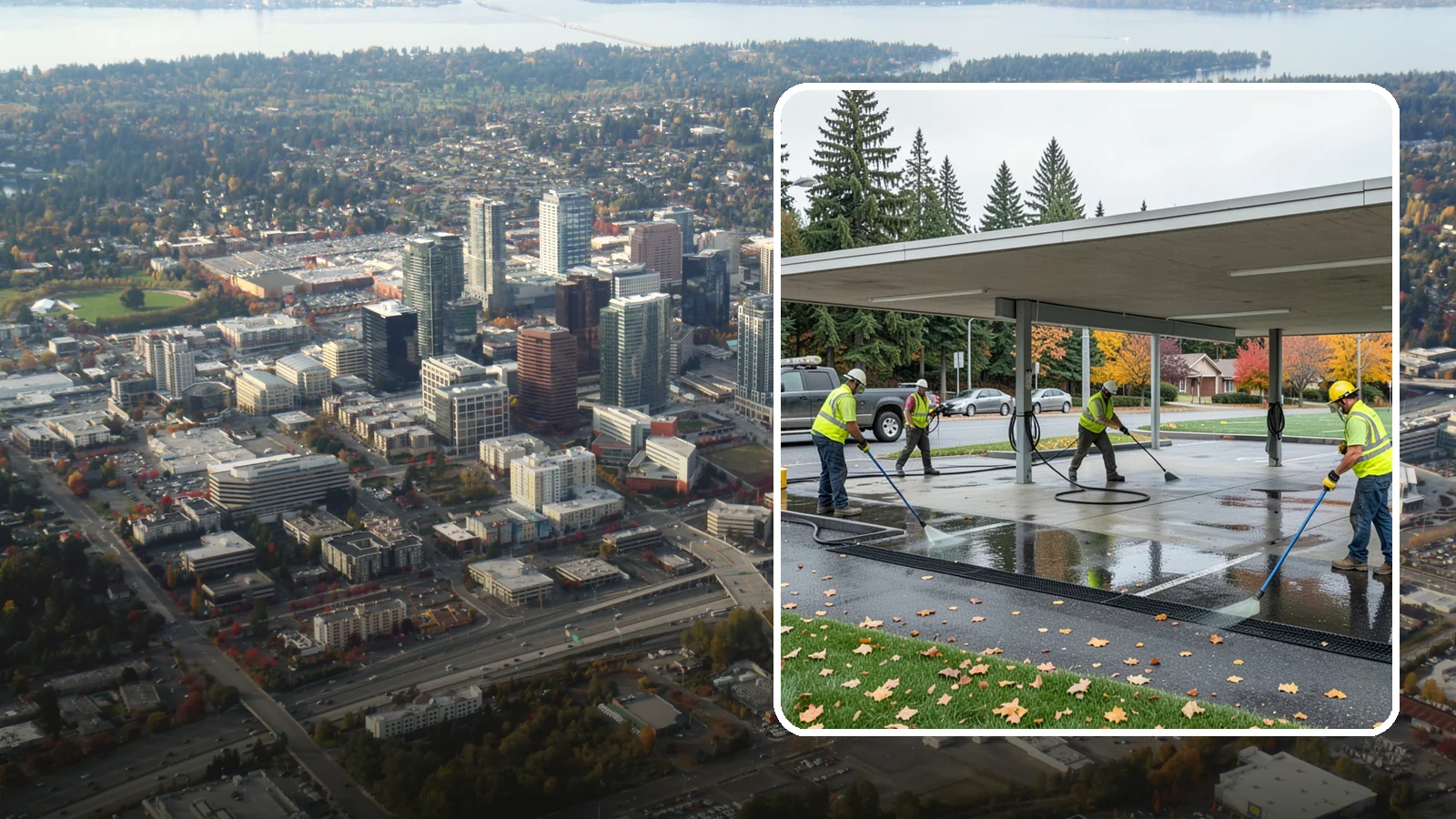 Public Parking Structure Cleaning in Bellevue, King County, WA - We clean public parking garages and decks to remove oil, grime, and stains while managing runoff for Western Washington agencies.