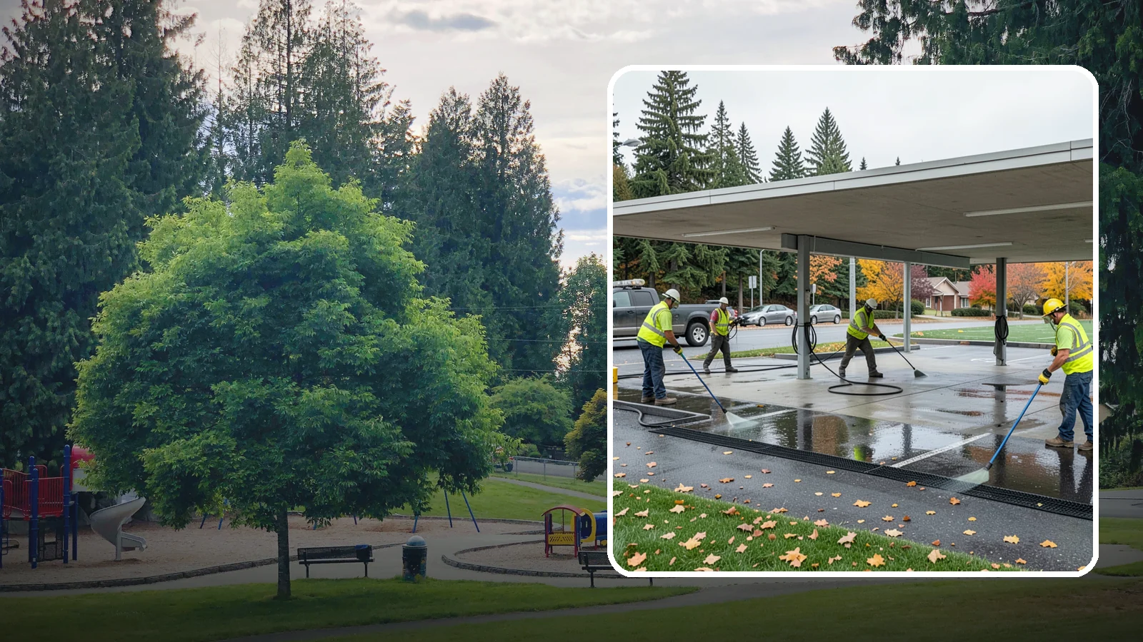 Public Parking Structure Cleaning in Bonney Lake, Pierce County, WA - We clean public parking garages and decks to remove oil, grime, and stains while managing runoff for Western Washington agencies.
