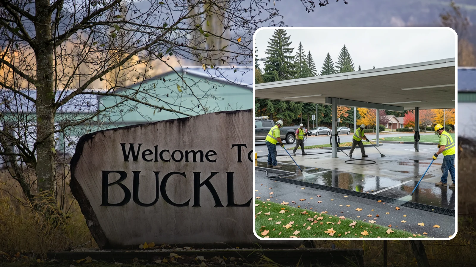 Public Parking Structure Cleaning in Buckley, Pierce County, WA - We clean public parking garages and decks to remove oil, grime, and stains while managing runoff for Western Washington agencies.