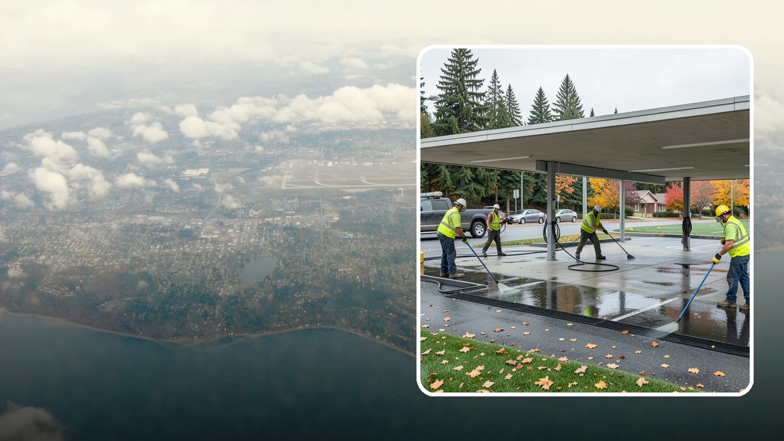 Public Parking Structure Cleaning in Burien, King County, WA - We clean public parking garages and decks to remove oil, grime, and stains while managing runoff for Western Washington agencies.