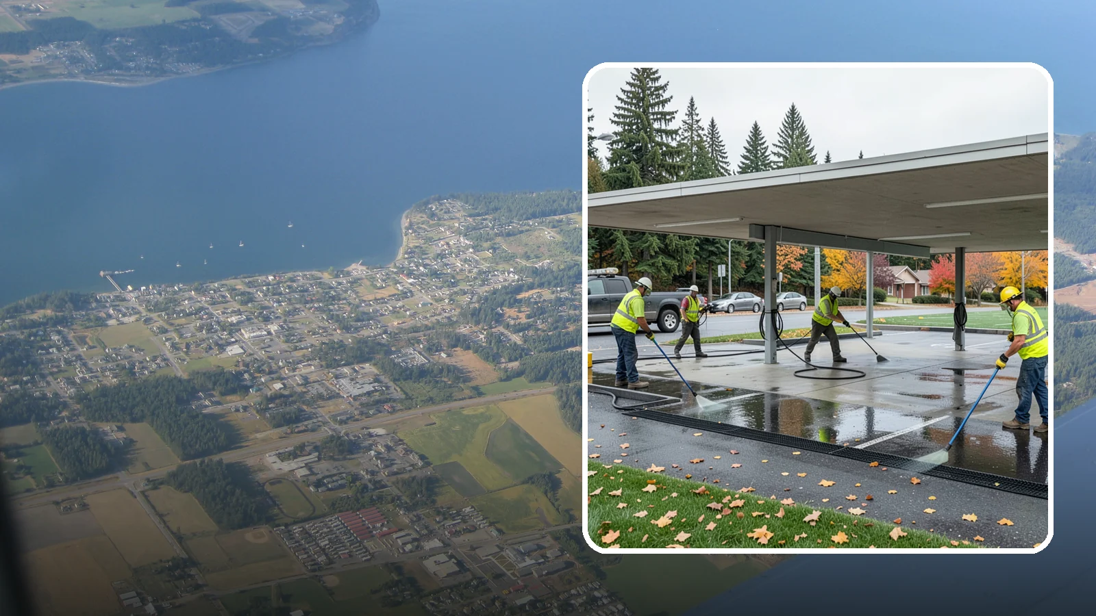 Public Parking Structure Cleaning in Coupeville, Island County, WA - We clean public parking garages and decks to remove oil, grime, and stains while managing runoff for Western Washington agencies.
