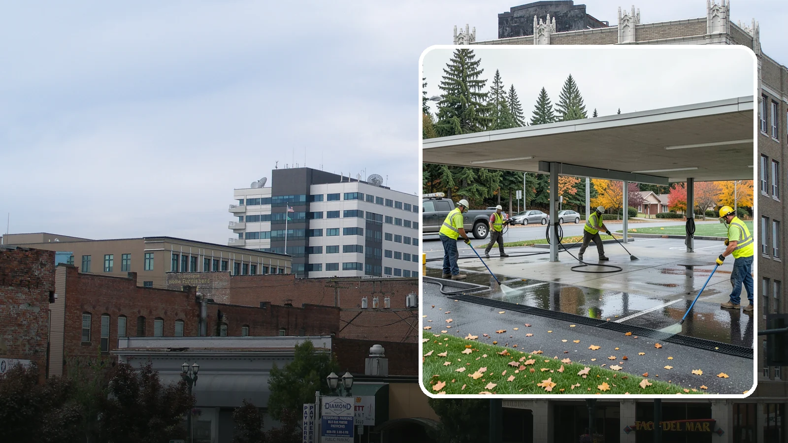 Public Parking Structure Cleaning in Everett, Snohomish County, WA - We clean public parking garages and decks to remove oil, grime, and stains while managing runoff for Western Washington agencies.