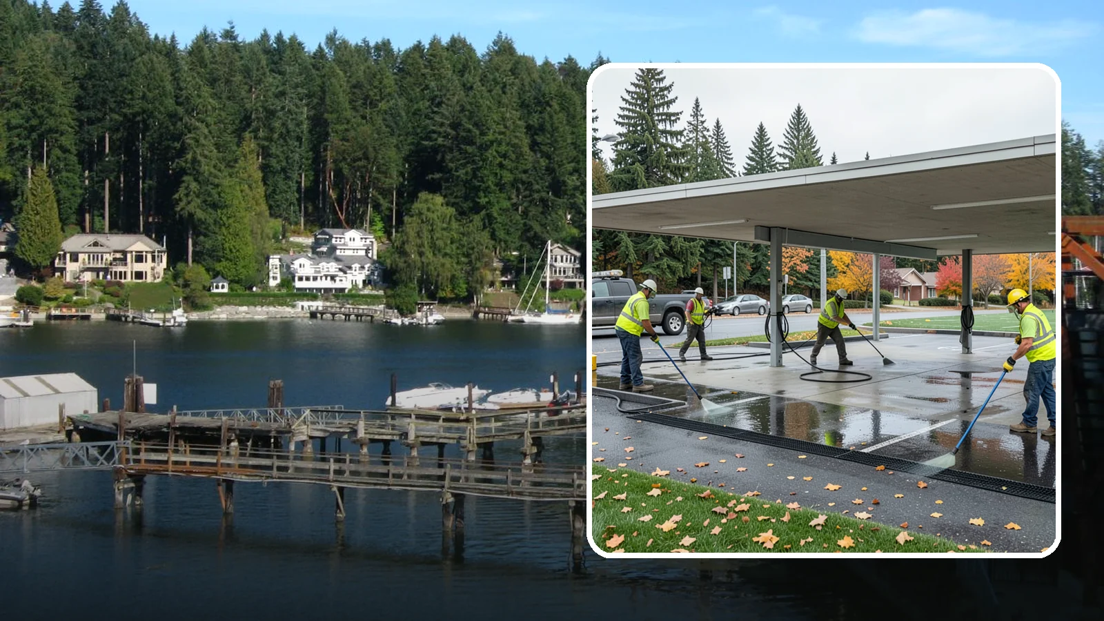 Public Parking Structure Cleaning in Gig Harbor, Pierce County, WA - We clean public parking garages and decks to remove oil, grime, and stains while managing runoff for Western Washington agencies.