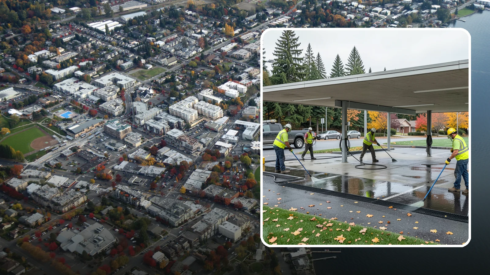 Public Parking Structure Cleaning in Kirkland, King County, WA - We clean public parking garages and decks to remove oil, grime, and stains while managing runoff for Western Washington agencies.