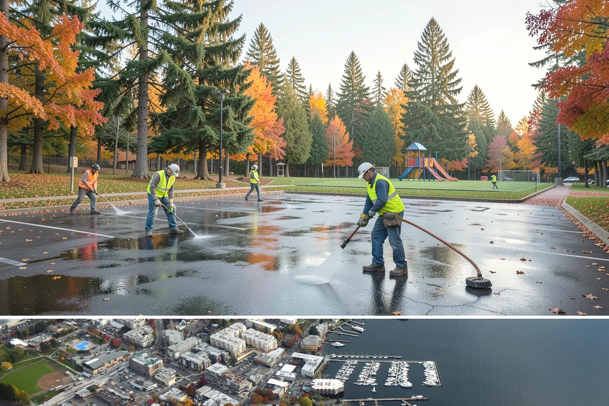 Public Parking Structure Cleaning in Kirkland, King County, WA - Structure cleaning can be scheduled year-round since decks are covered, with phasing timed to periods of lower parking demand.