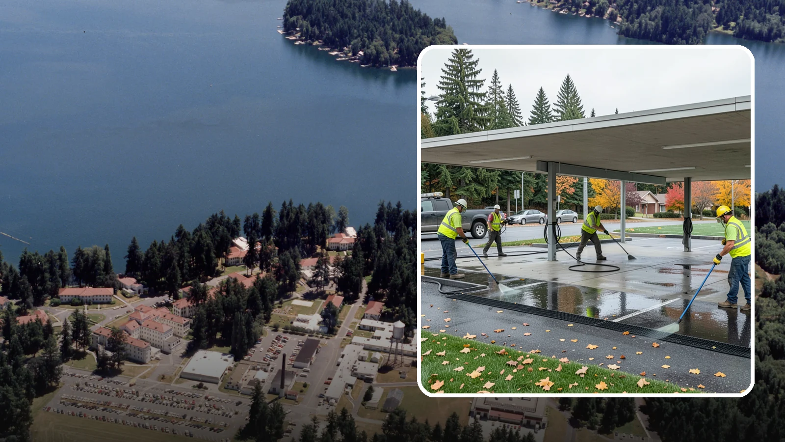 Public Parking Structure Cleaning in Lakewood, Pierce County, WA - We clean public parking garages and decks to remove oil, grime, and stains while managing runoff for Western Washington agencies.