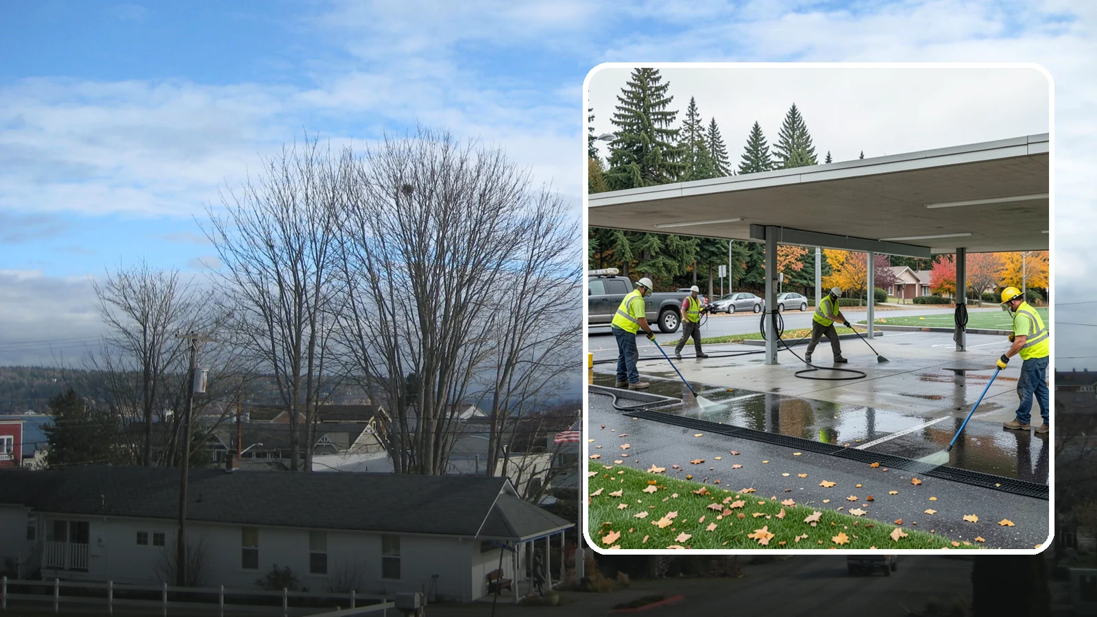 Public Parking Structure Cleaning in Langley, Island County, WA - We clean public parking garages and decks to remove oil, grime, and stains while managing runoff for Western Washington agencies.