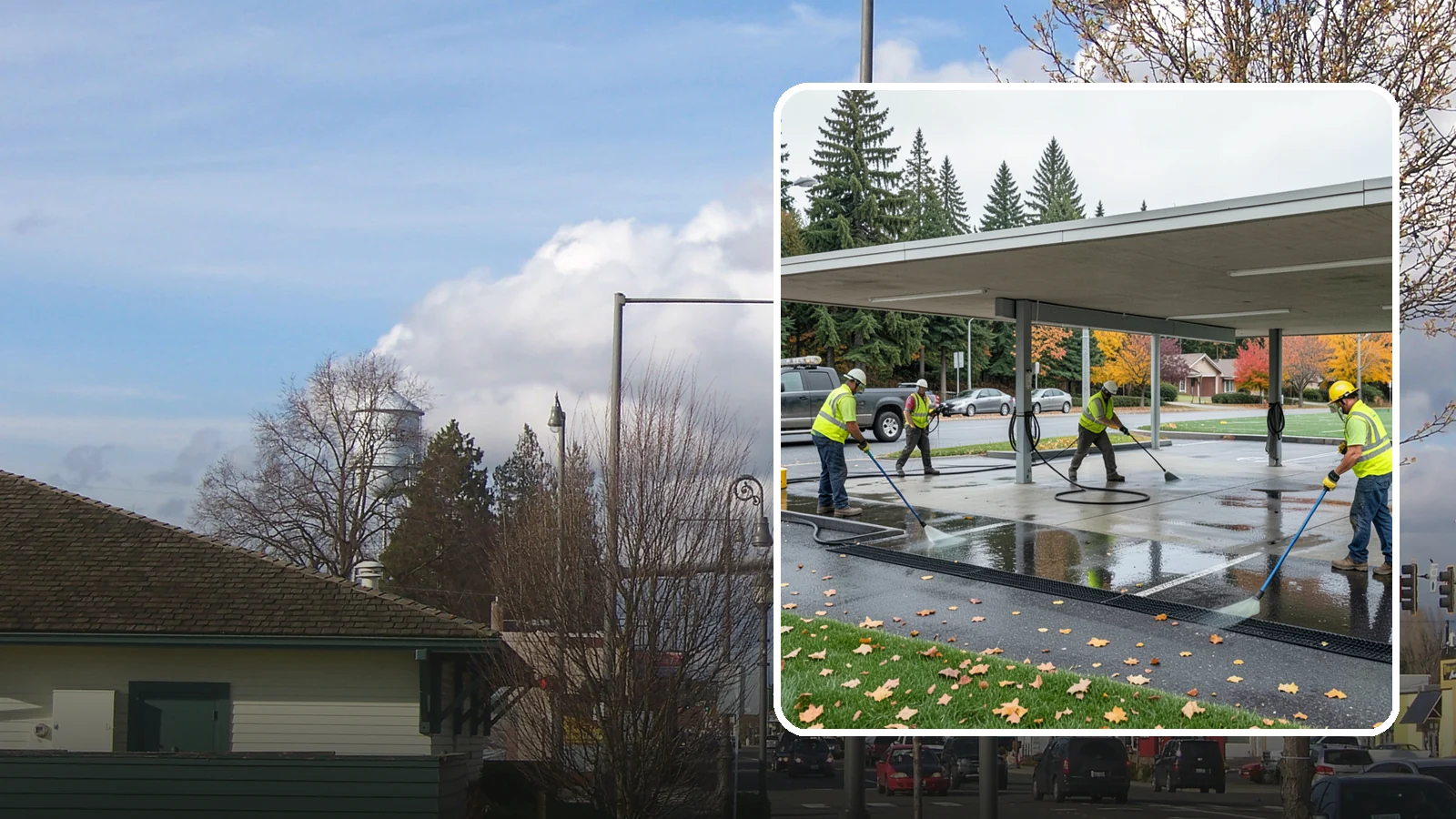 Public Parking Structure Cleaning in Marysville, Snohomish County, WA - We clean public parking garages and decks to remove oil, grime, and stains while managing runoff for Western Washington agencies.