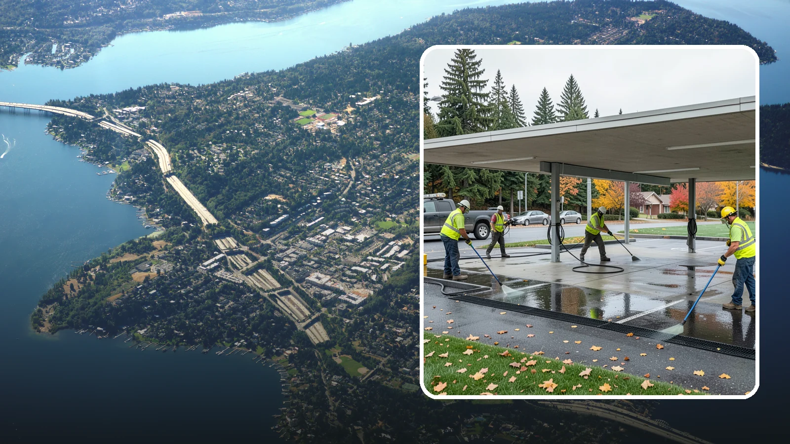 Public Parking Structure Cleaning in Mercer Island, King County, WA - We clean public parking garages and decks to remove oil, grime, and stains while managing runoff for Western Washington agencies.