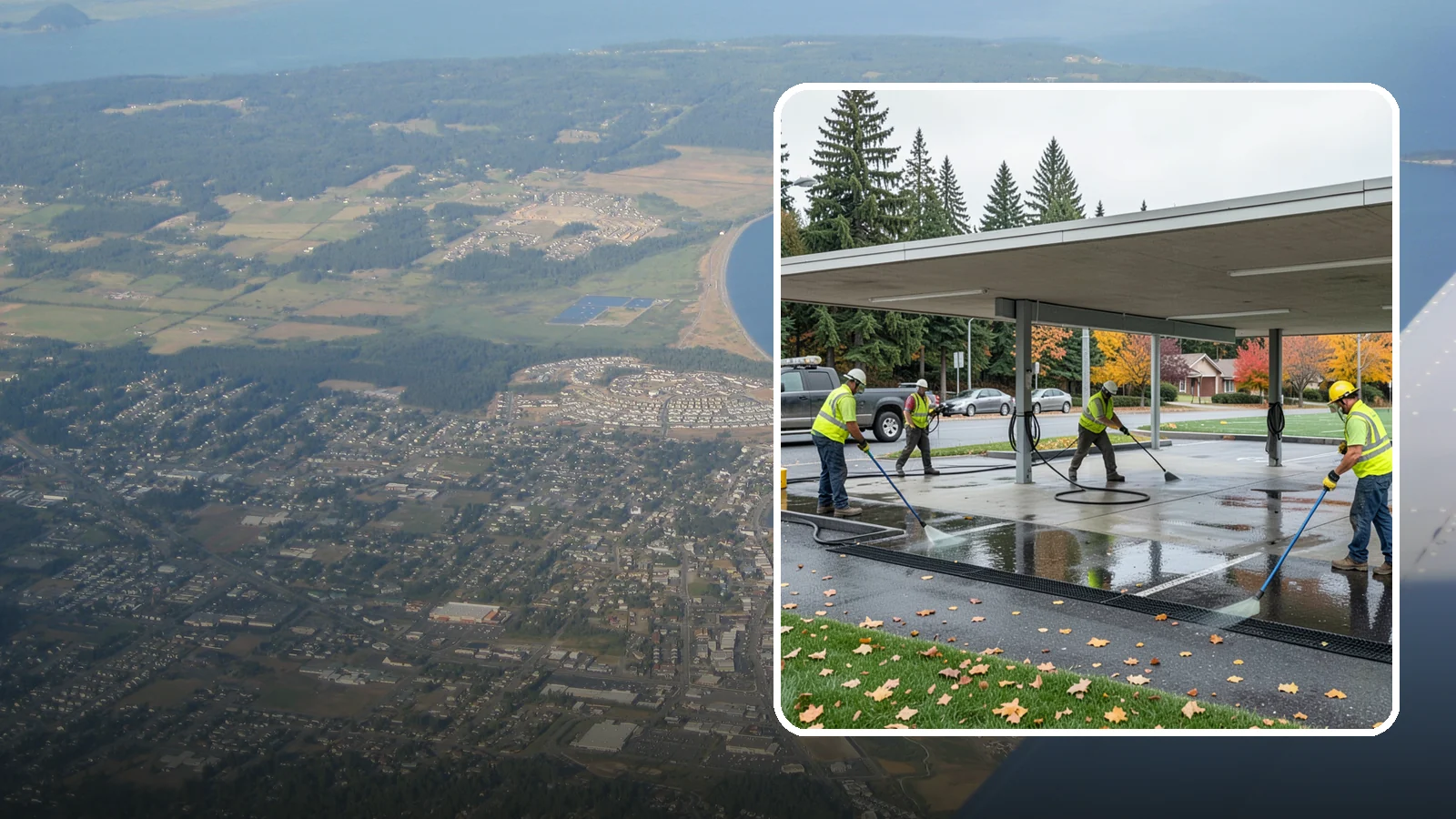 Public Parking Structure Cleaning in Oak Harbor, Island County, WA - We clean public parking garages and decks to remove oil, grime, and stains while managing runoff for Western Washington agencies.