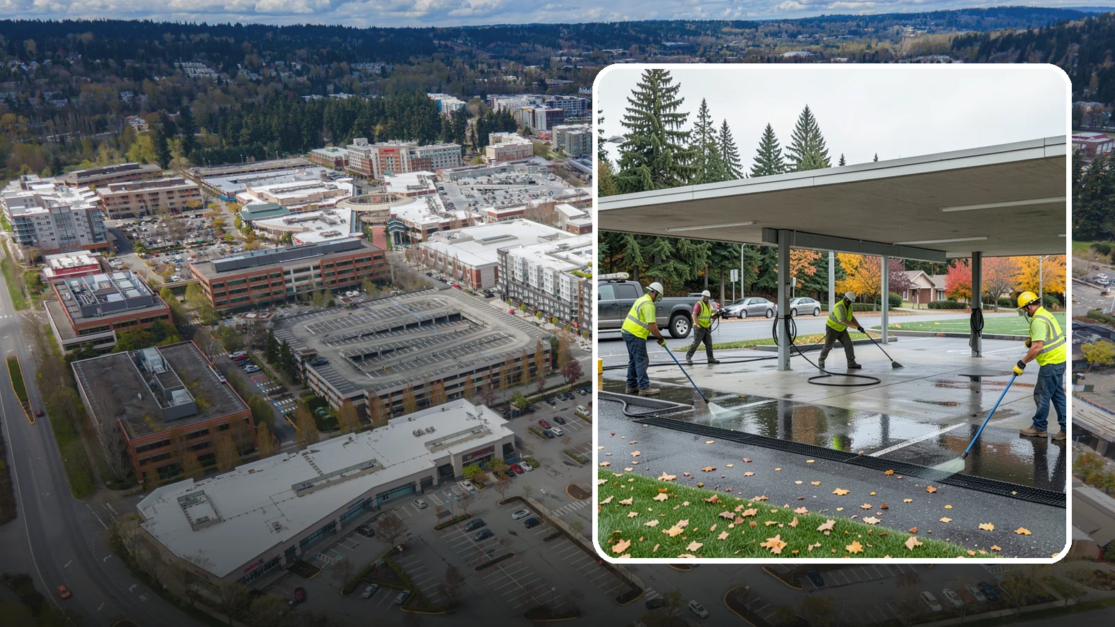 Public Parking Structure Cleaning in Redmond, King County, WA - We clean public parking garages and decks to remove oil, grime, and stains while managing runoff for Western Washington agencies.