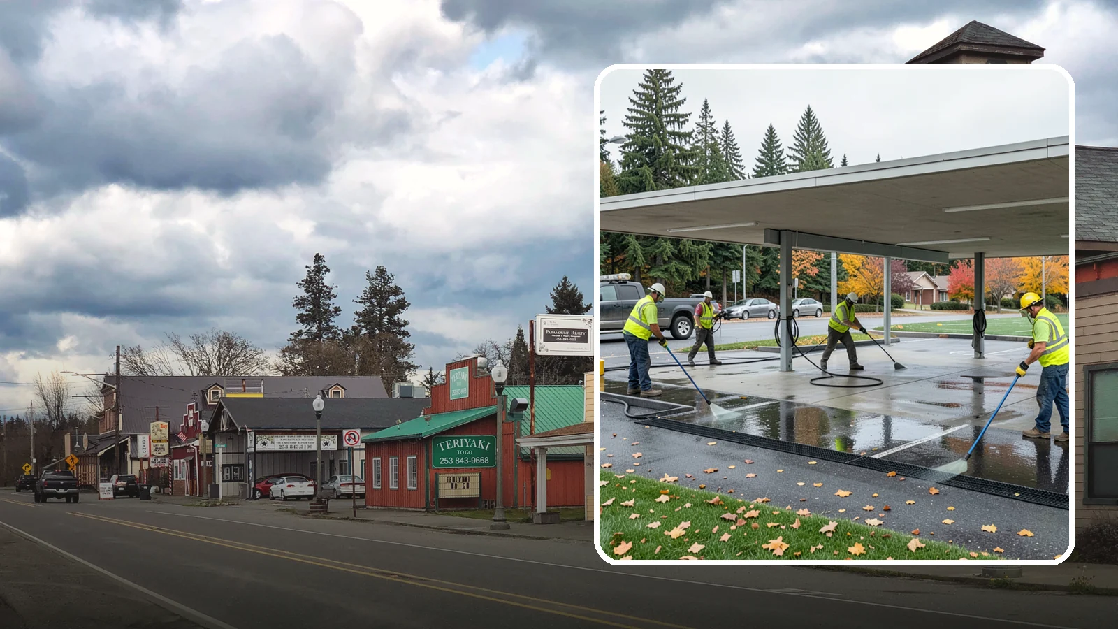 Public Parking Structure Cleaning in Roy, Pierce County, WA - We clean public parking garages and decks to remove oil, grime, and stains while managing runoff for Western Washington agencies.