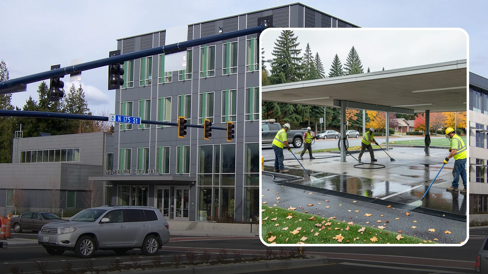Public Parking Structure Cleaning in Shoreline, King County, WA - We clean public parking garages and decks to remove oil, grime, and stains while managing runoff for Western Washington agencies.
