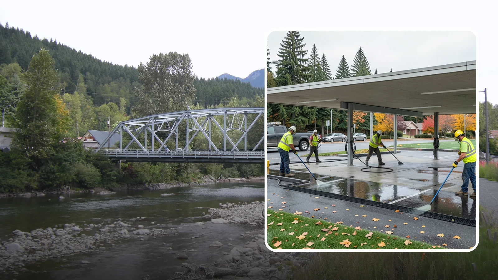 Public Parking Structure Cleaning in Skykomish, King County, WA - We clean public parking garages and decks to remove oil, grime, and stains while managing runoff for Western Washington agencies.