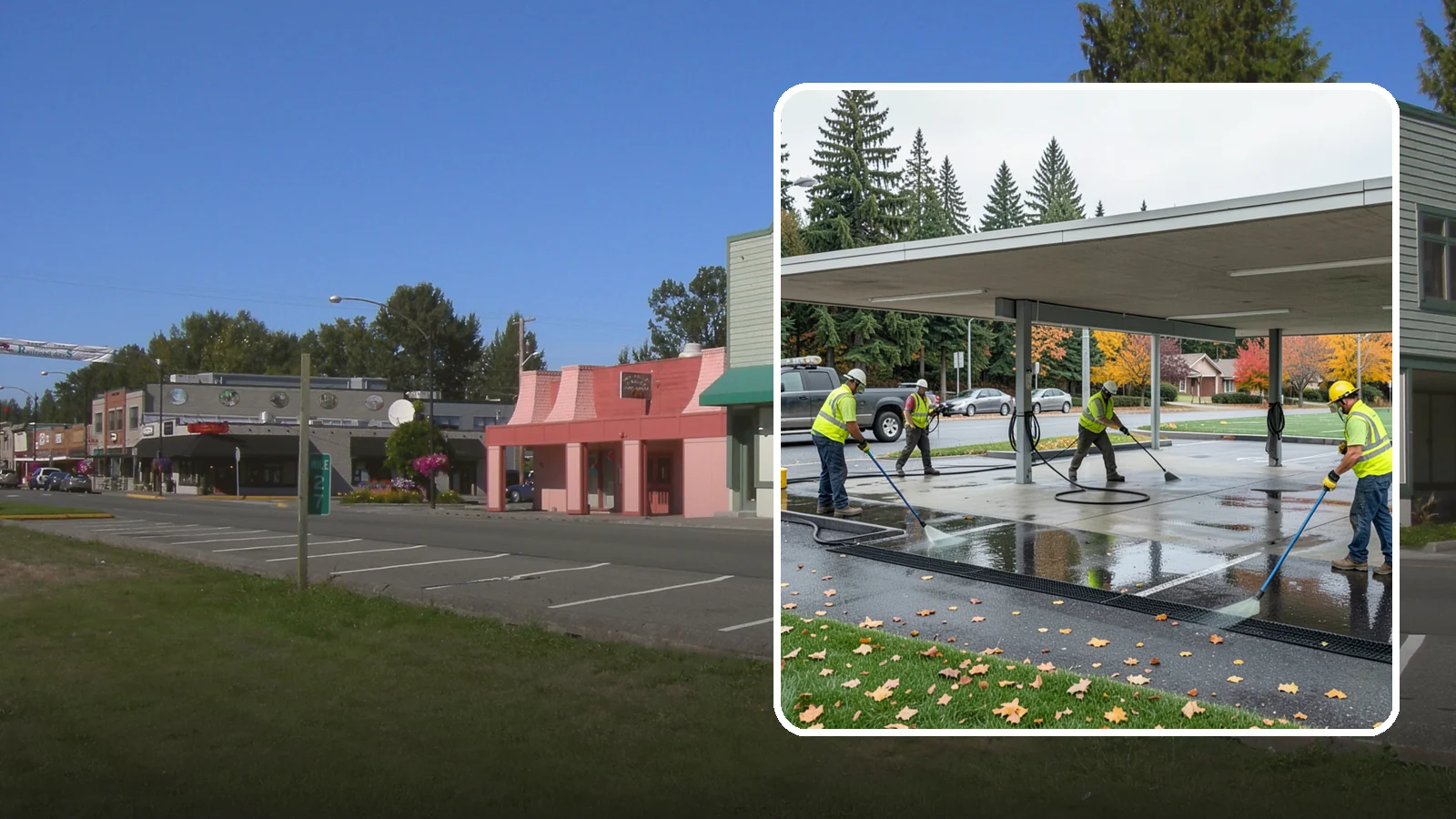 Public Parking Structure Cleaning in Snoqualmie, King County, WA - We clean public parking garages and decks to remove oil, grime, and stains while managing runoff for Western Washington agencies.