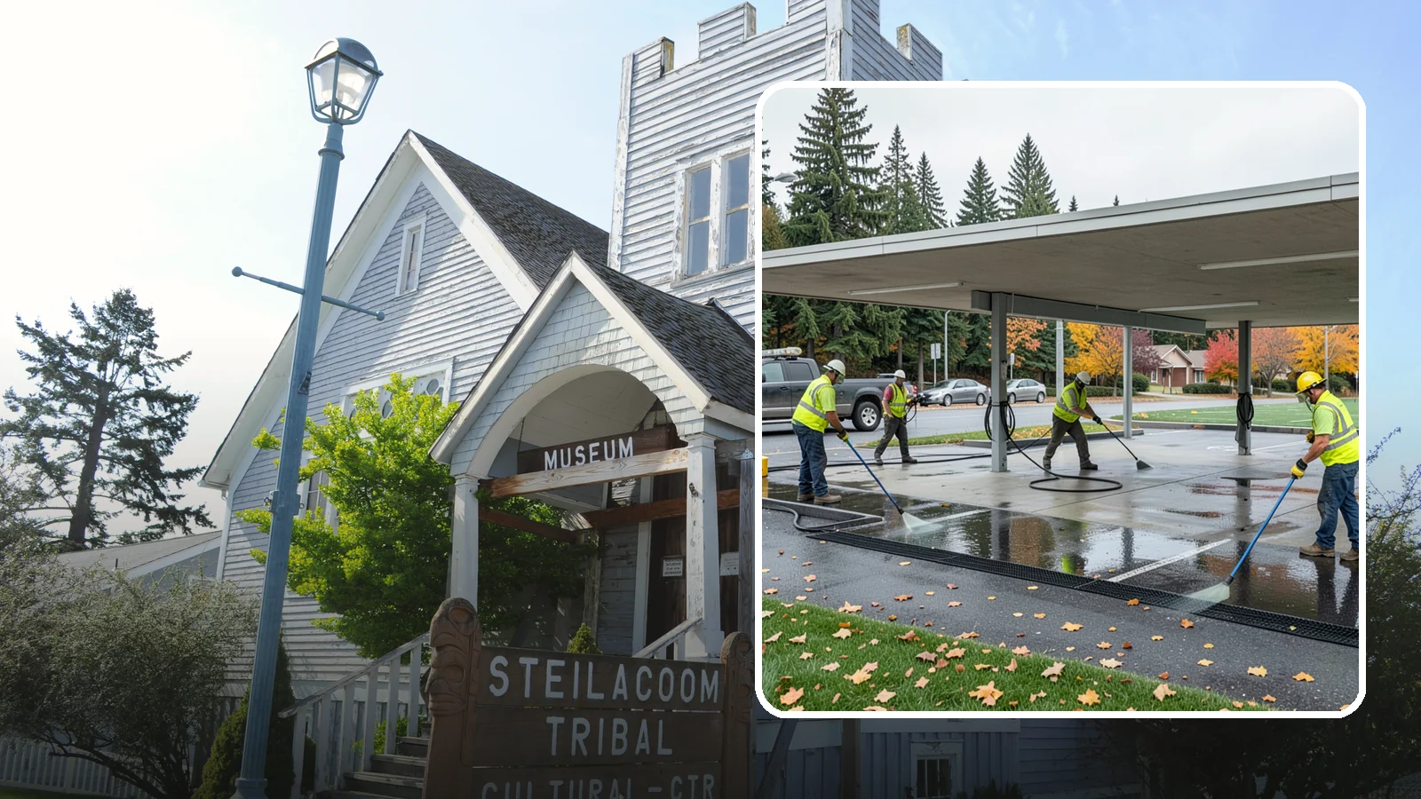 Public Parking Structure Cleaning in Steilacoom, Pierce County, WA - We clean public parking garages and decks to remove oil, grime, and stains while managing runoff for Western Washington agencies.