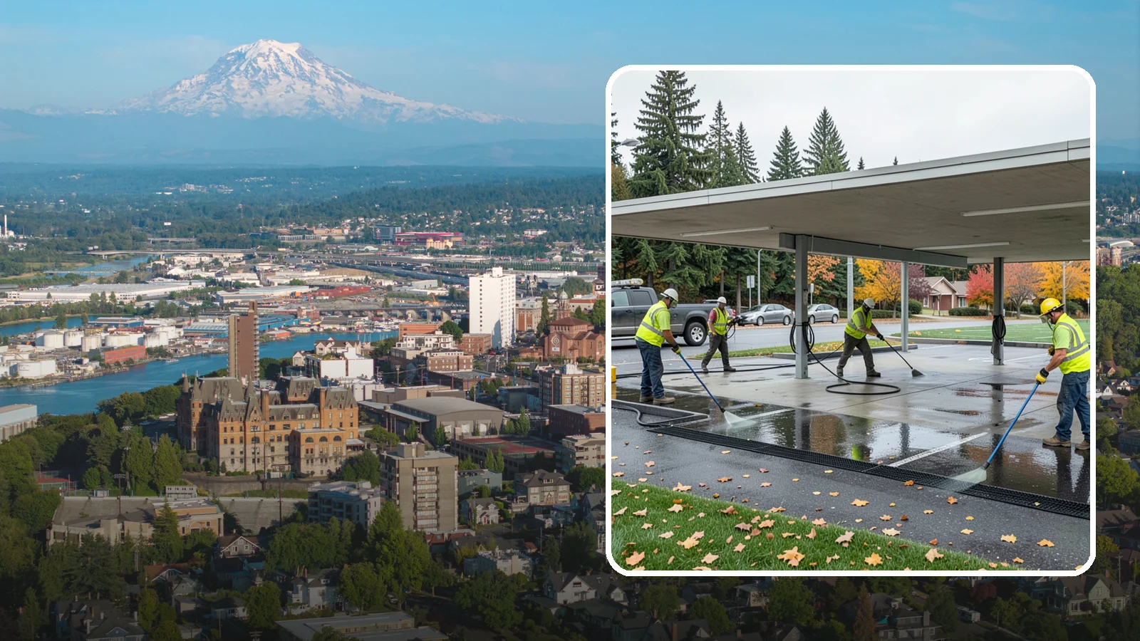 Public Parking Structure Cleaning in Tacoma, Pierce County, WA - We clean public parking garages and decks to remove oil, grime, and stains while managing runoff for Western Washington agencies.