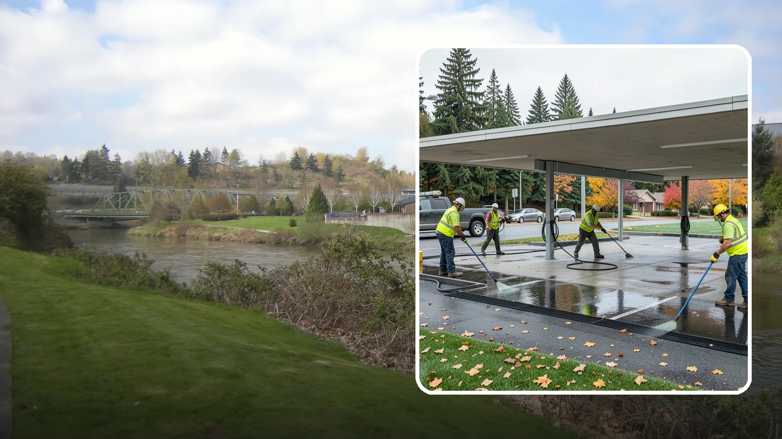 Public Parking Structure Cleaning in Tukwila, King County, WA - We clean public parking garages and decks to remove oil, grime, and stains while managing runoff for Western Washington agencies.