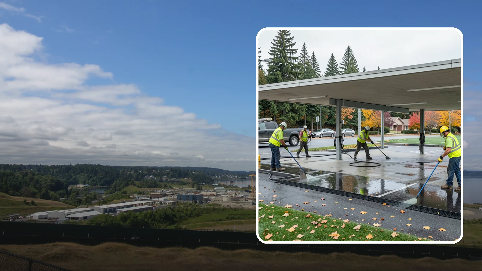 Public Parking Structure Cleaning in University Place, Pierce County, WA - We clean public parking garages and decks to remove oil, grime, and stains while managing runoff for Western Washington agencies.