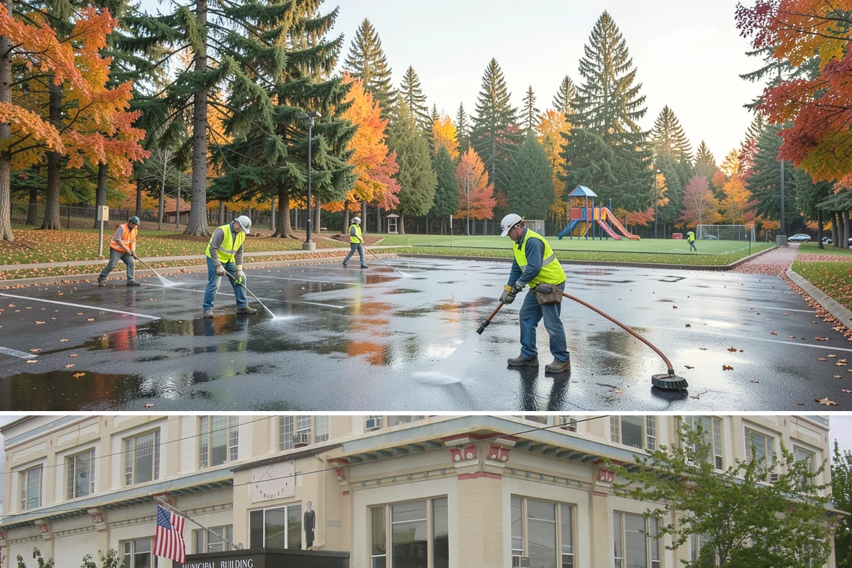 Public Plaza Maintenance in Anacortes, Skagit County, WA - Biological growth peaks in the wet fall and winter, prioritizing cleaning then, while sealing and repairs are timed for drier...